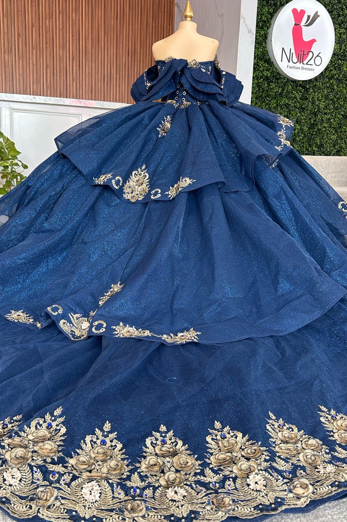 Off Shoulder Sleeveless Beaded Gold Appliques Ruffles Navy Sweet 15 Quinceañera Dress