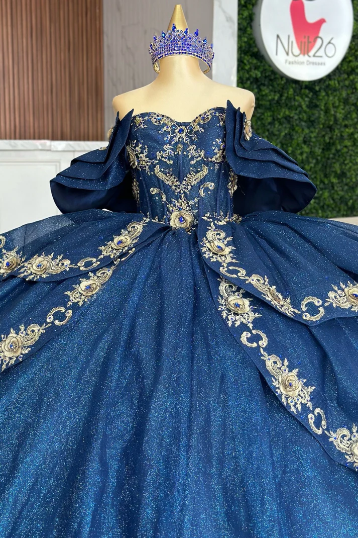 Off Shoulder Sleeveless Beaded Gold Appliques Ruffles Navy Sweet 15 Quinceañera Dress