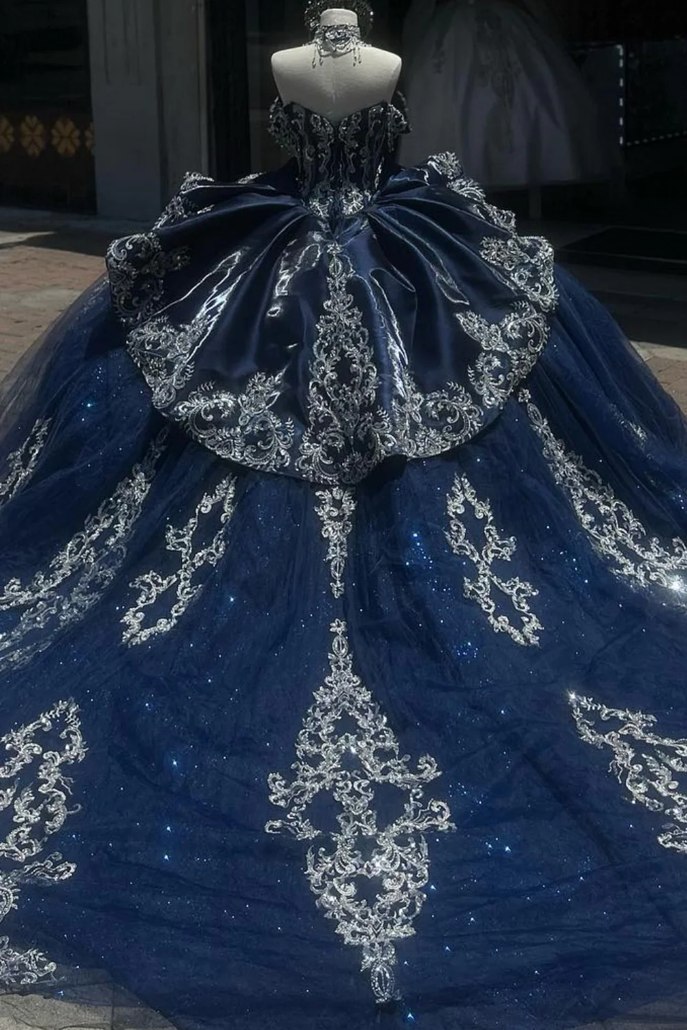 Off Shoulder Sleeveless Beaded Silver Appliques Ruffles Navy Sweet 15 Quinceañera Dress