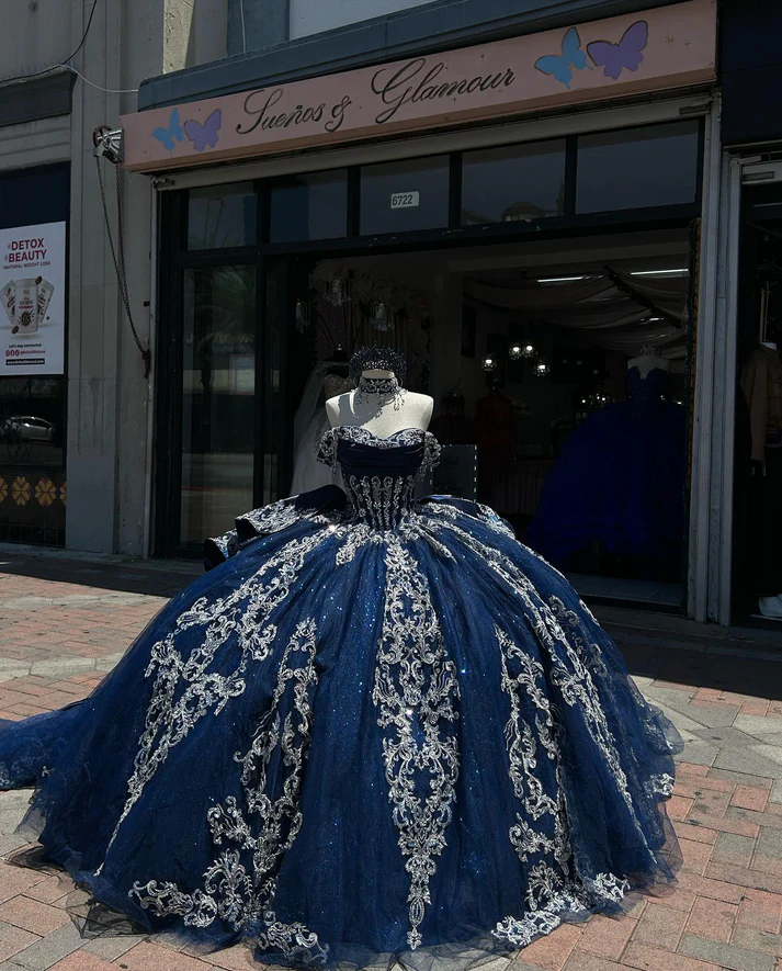 Off Shoulder Sleeveless Beaded Silver Appliques Ruffles Navy Sweet 15 Quinceañera Dress