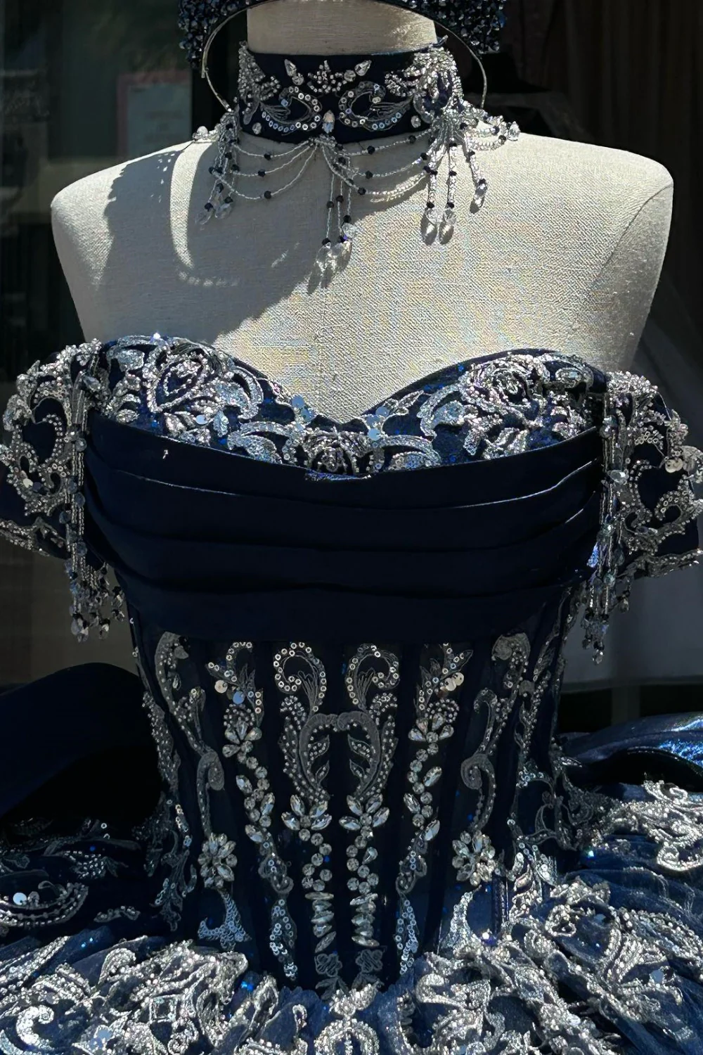 Off Shoulder Sleeveless Beaded Silver Appliques Ruffles Navy Sweet 15 Quinceañera Dress