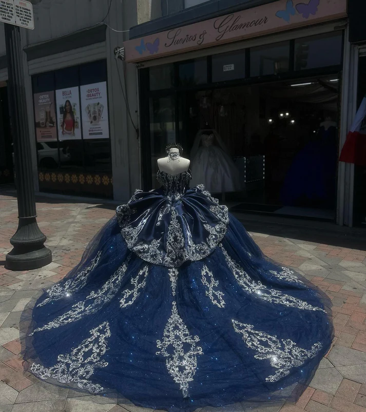 Off Shoulder Sleeveless Beaded Silver Appliques Ruffles Navy Sweet 15 Quinceañera Dress