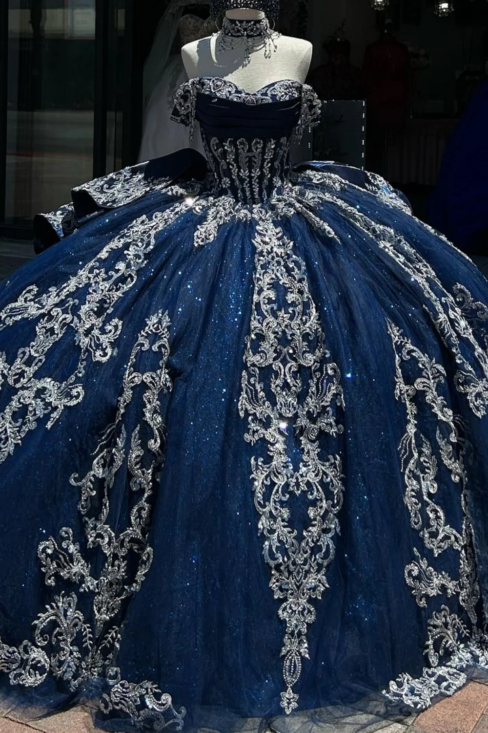 Off Shoulder Sleeveless Beaded Silver Appliques Ruffles Navy Sweet 15 Quinceañera Dress
