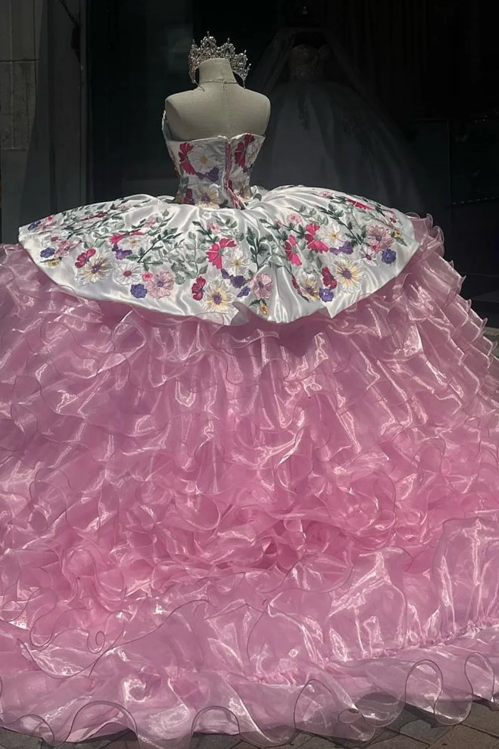 Strapless Beaded Appliques Tulle Tiered Pink Sweet 15 Quinceañera Dress