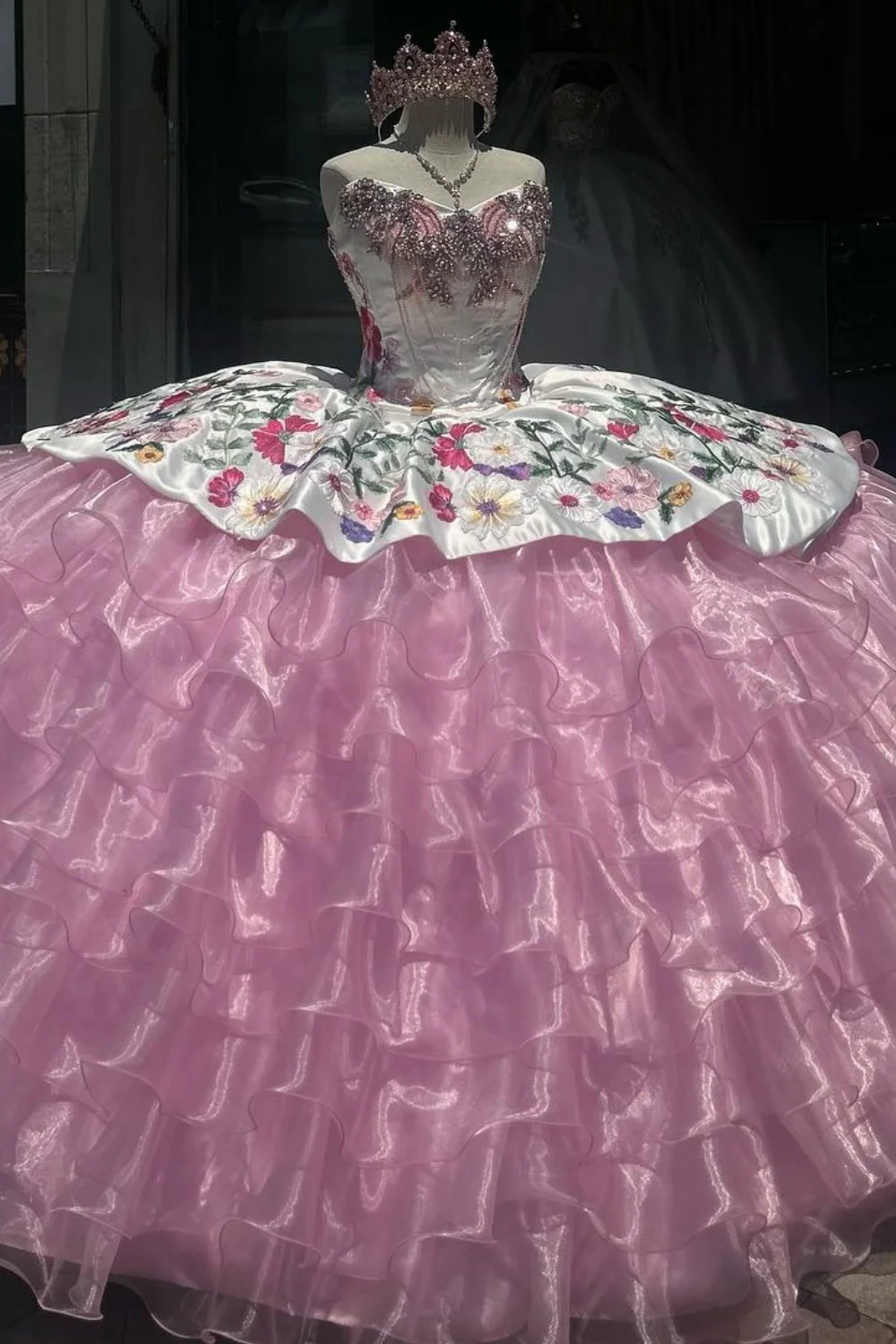 Strapless Beaded Appliques Tulle Tiered Pink Sweet 15 Quinceañera Dress