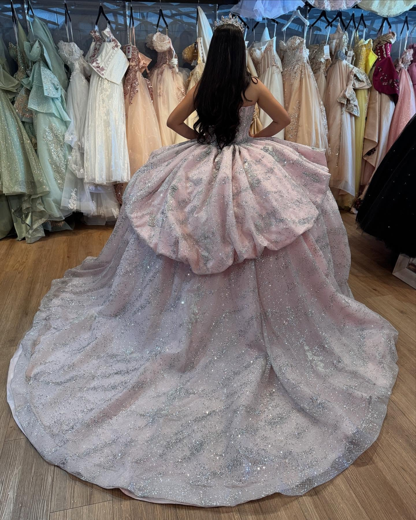 Strapless Sleeveless Beaded Tiered Glitter Pink Tulle Sweet 15 Quinceañera Dress