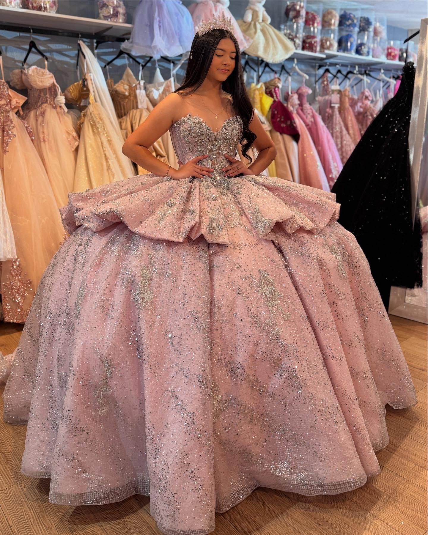 Strapless Sleeveless Beaded Tiered Glitter Pink Tulle Sweet 15 Quinceañera Dress