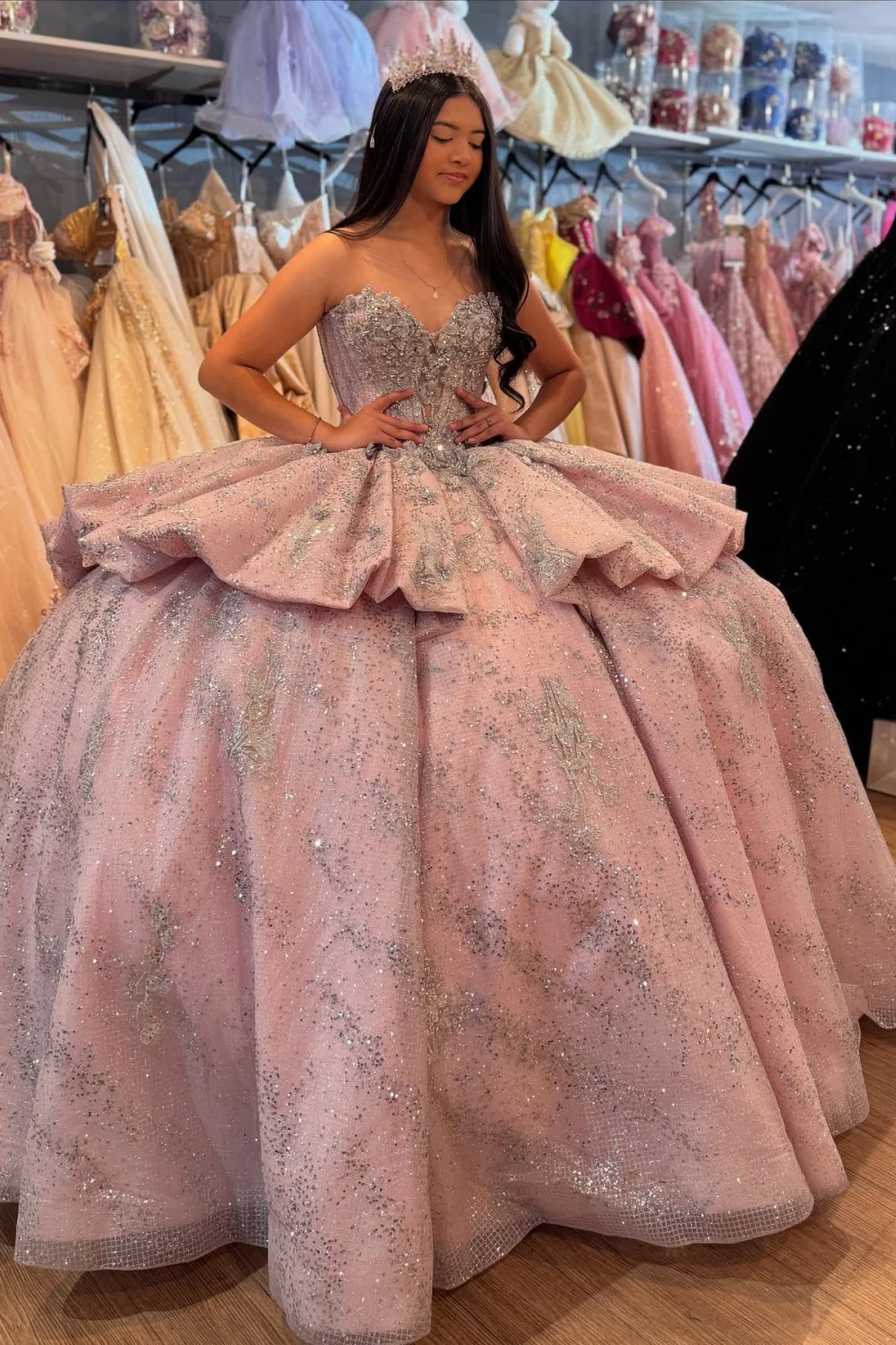 Strapless Sleeveless Beaded Tiered Glitter Pink Tulle Sweet 15 Quinceañera Dress