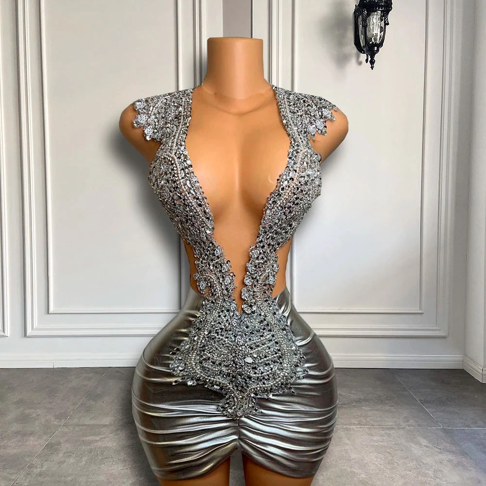 Sparkly Sheer O-neck Women Birthday Party Gowns Silver Luxury Beaded Black Girls Short Mini Prom Dresses