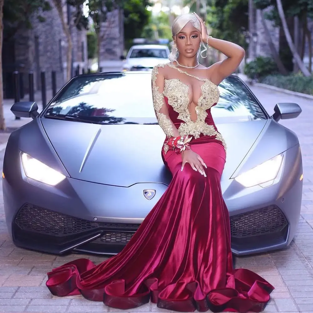 Luxury Deep V-neck Evening Dresses Mermaid Beaded One Long Sleeves Prom Gowns Black Girls Birthday Party Formal