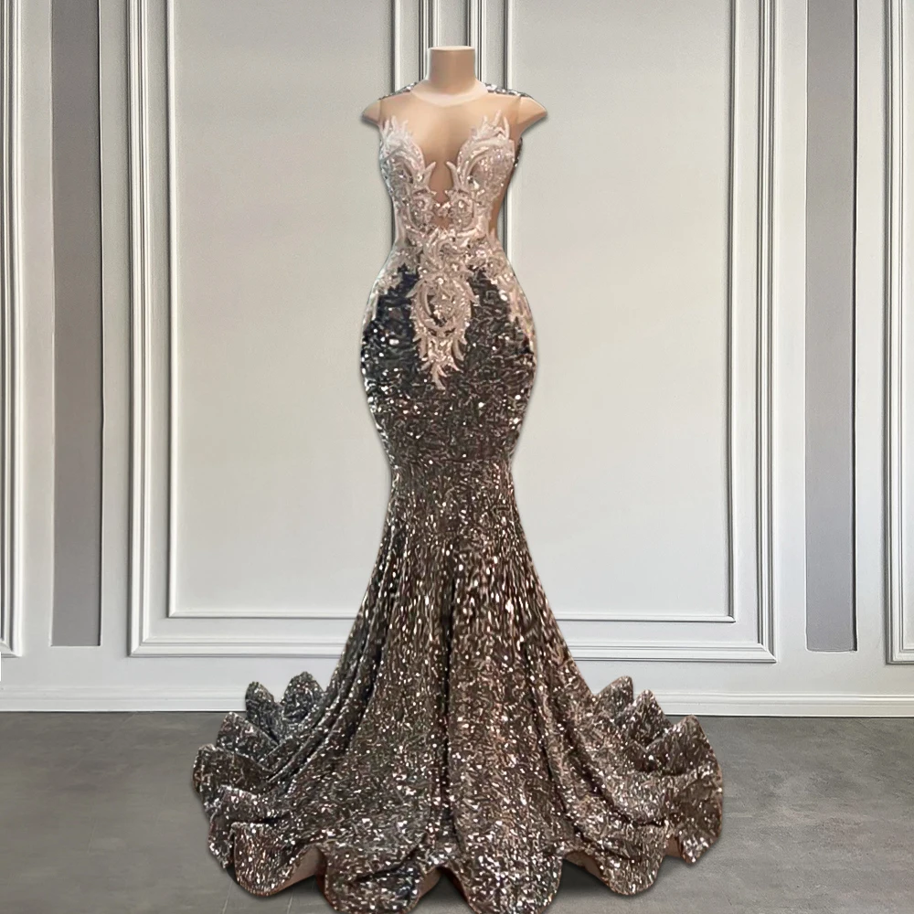 Long Silver Fitted Prom Gowns For Black Girls Luxury Crystal Beaded Mermaid Sparkly Sequin Prom Dresses