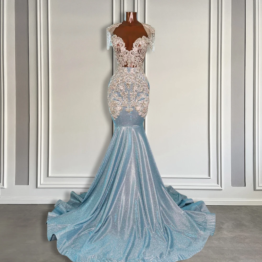 Glitter Sky Blue Mermaid Prom Dresses with Tassel Luxury Crystals Appliques Long Prom Party Gowns for Black Girls