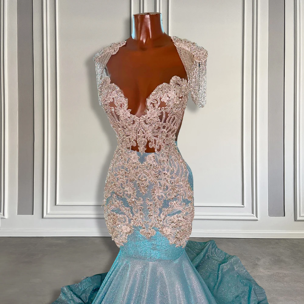 Glitter Sky Blue Mermaid Prom Dresses with Tassel Luxury Crystals Appliques Long Prom Party Gowns for Black Girls