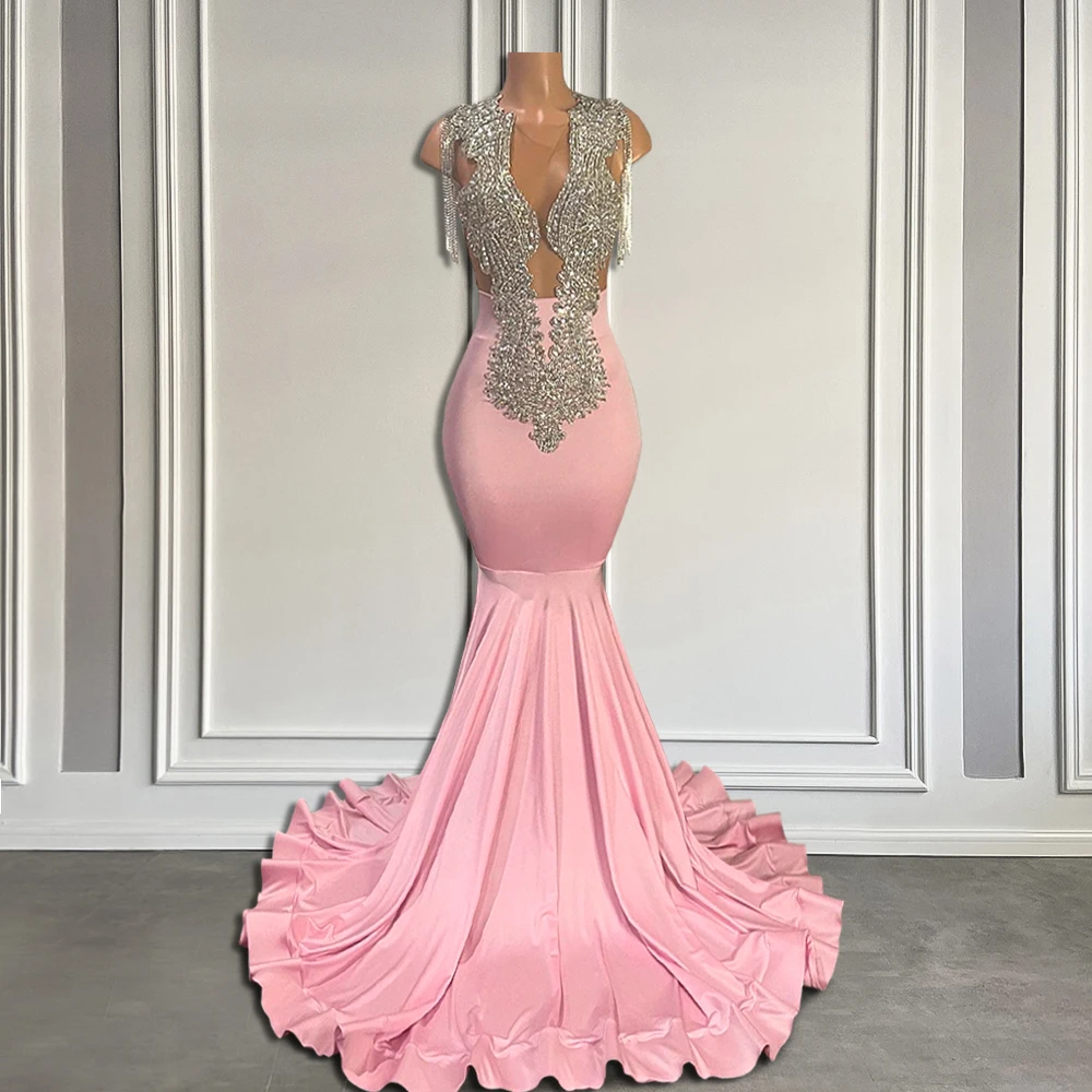 Luxury Diamond Long Pink Prom Dresses with Tassel Black Girl Sheer O Neck Beaded Mermaid Prom Gala Gowns