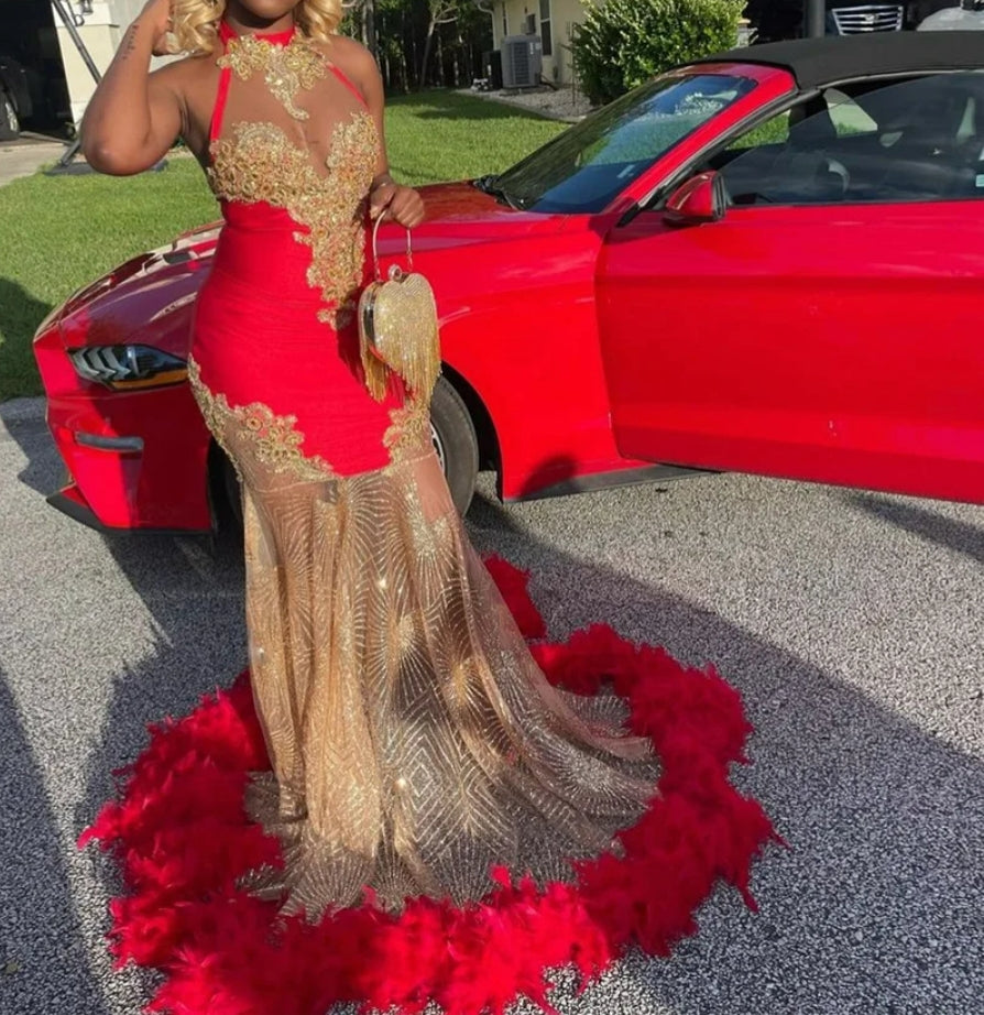 Sparkly Red Prom Dress Halter Beads Crystal Rhinestones Feathers Graduation Party Dress Birthday Wedding Reception