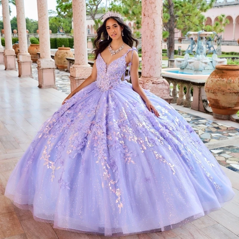 Lilac Sexy Spaghetti Strap Floral Gown Quinceanera Dress Sequin Applique Lace Glitters