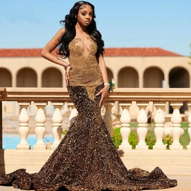 Sparkly Brown Sequins Mermaid Prom Dresses Sheer Neck Crystal Plus Size Birthday Party Gown