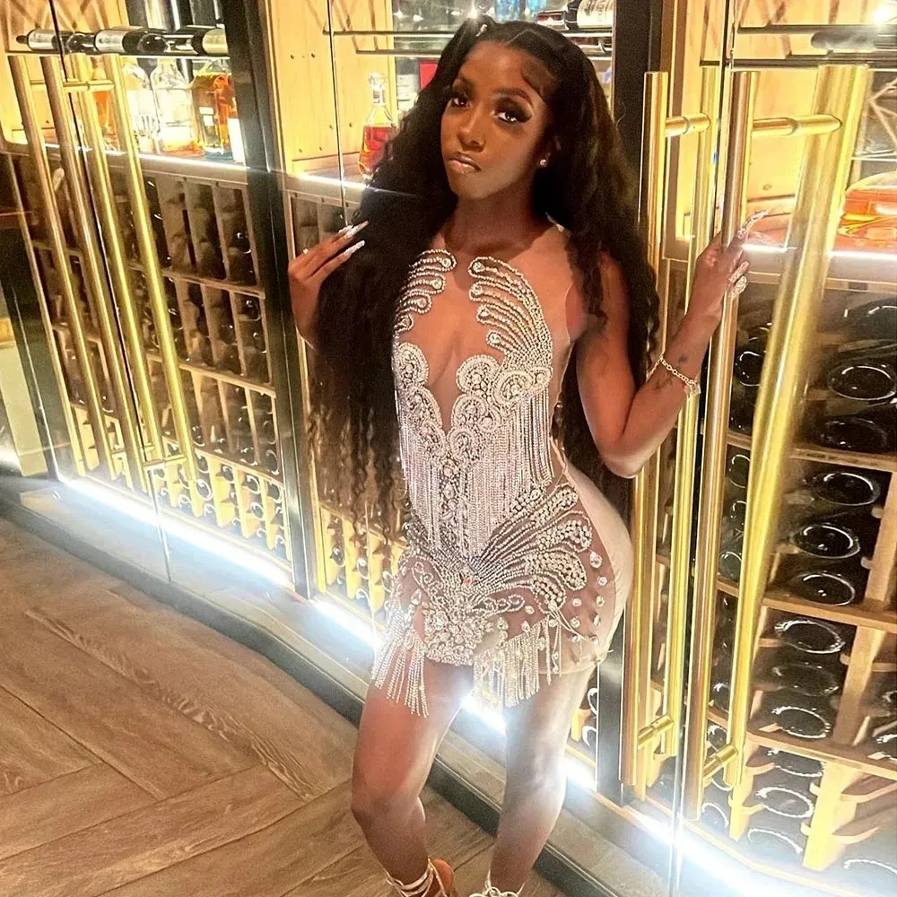 Glitter White Rhinestone Sequined Short Prom Dresses Sheer Neck Knee Length Evening Cocktail Party Gowns
