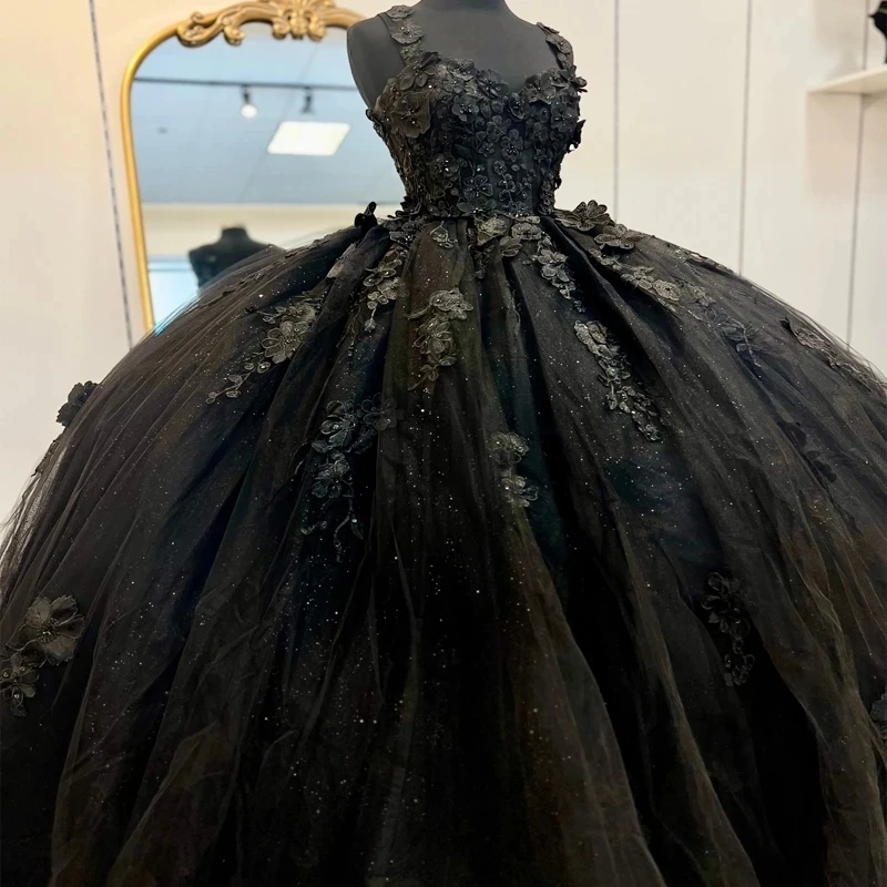 Black Shiny Quinceanera Dresses Applique Lace Tulle Beading Off The Shoulder Party Dress Lace Up Court Train Prom Ball Gown