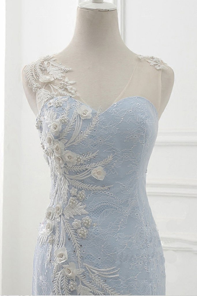 Baby Blue Sweep Train Lace Mermaid Evening Dresses, Formal Dress With Applique