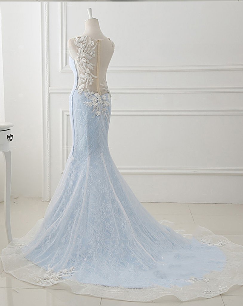 Baby Blue Sweep Train Lace Mermaid Evening Dresses, Formal Dress With Applique