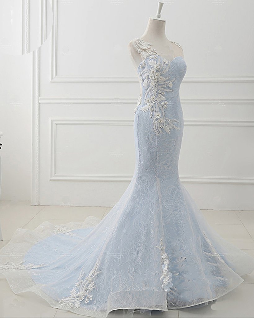 Baby Blue Sweep Train Lace Mermaid Evening Dresses, Formal Dress With Applique