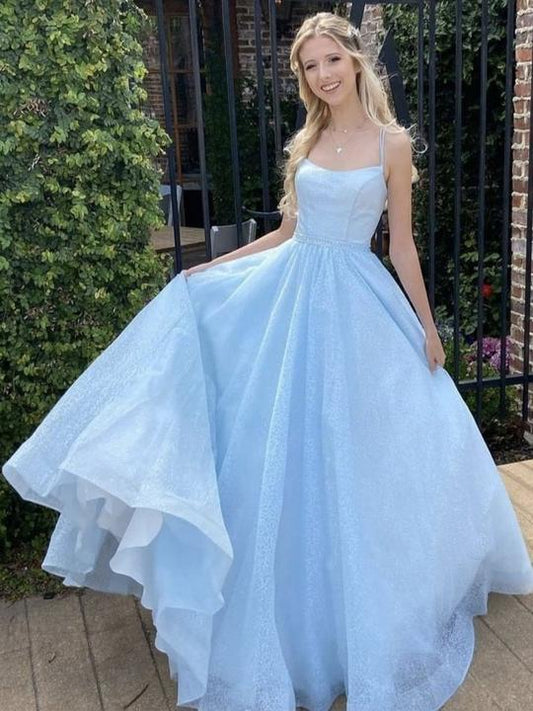 Blue A line tulle sequin long prom dress, blue tulle formal dress