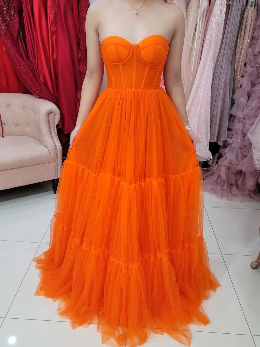 Orange A line tulle long prom dress, orange evening dress