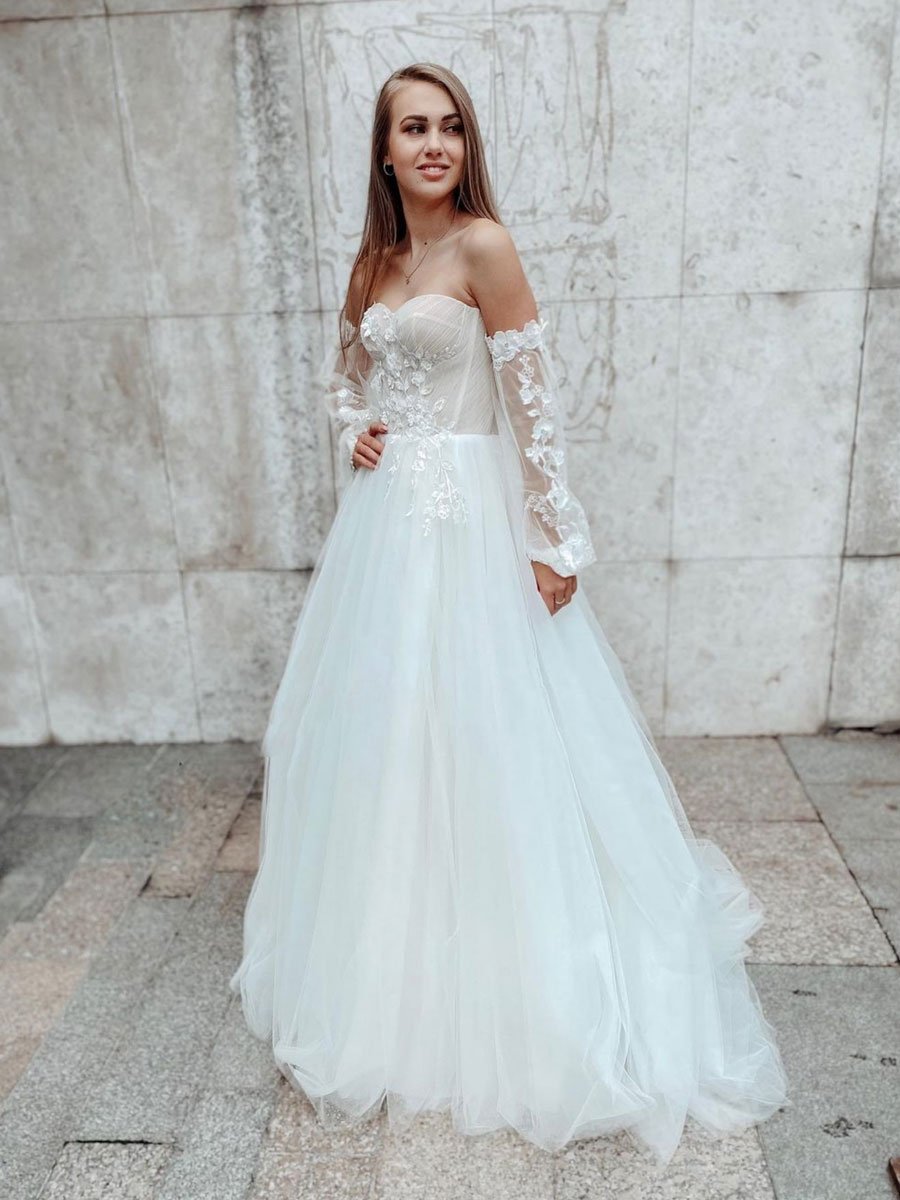 White tulle lace long prom dress, white lace evening dress