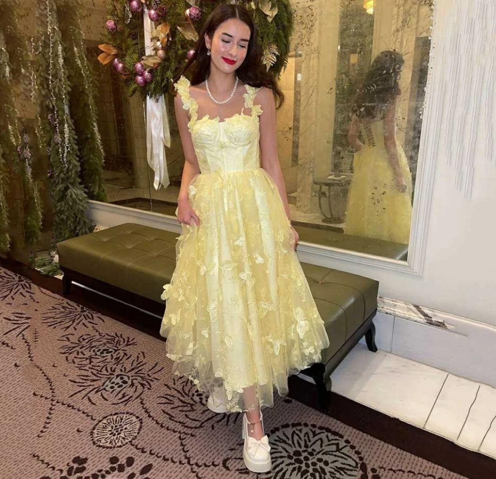 Yellow Prom Dresses Fairy Spaghetti Strap 3D Butterfly Tea Length Party Dress For Women Lace Up Back Evening Gowns