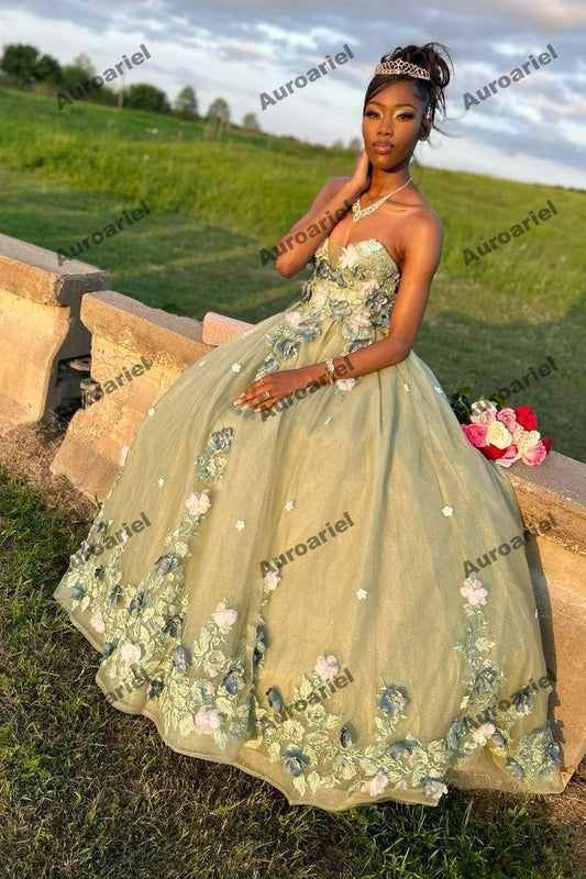 Strapless Green Quinceanera Dresses 3D Flower Applique Sweet 16 Dress Ball Gown