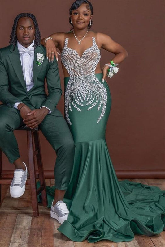 Dark Green Sleeveless Mermaid Prom Dress with Scoop Neck and Crystal Embellishments