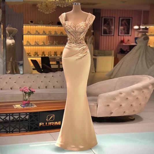 Gold Mermaid Satin Dubai Evening Dresses Beaded Long Pleated Saudi Arabic Formal Women Party Princess Prom Gowns