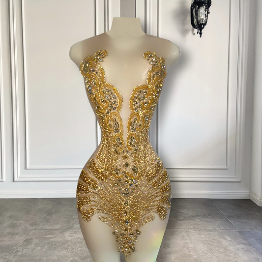 Sexy Sheer See Through Black Girl Short Prom Dress Golden Diamond Luxury Beaded Crystals Women Cocktail Party Gowns For Birthday