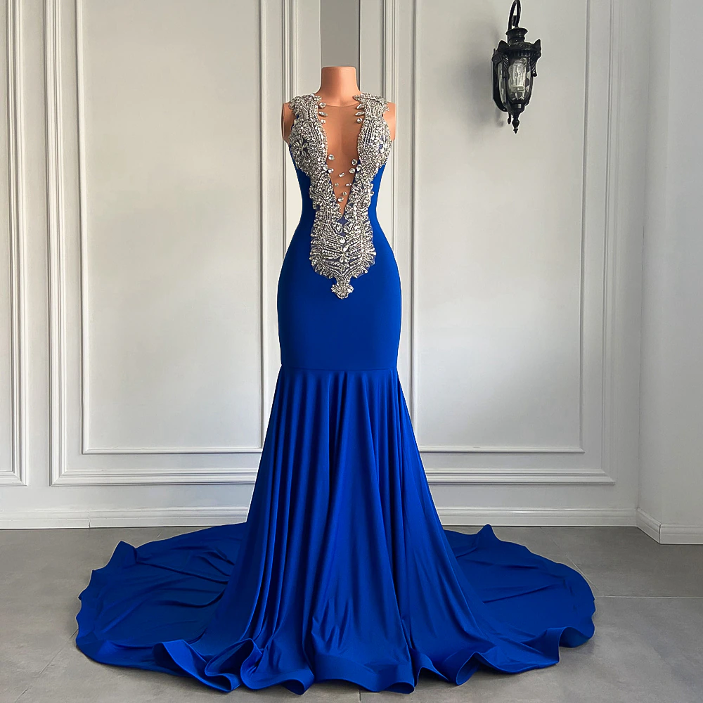 Long Elegant Prom Dresses Sexy Mermaid Style Luxury Sparkly Diamond Royal Blue Spandex Black Girl Prom Gala Gowns