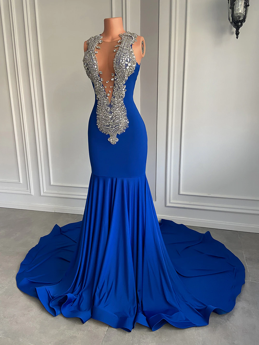 Long Elegant Prom Dresses Sexy Mermaid Style Luxury Sparkly Diamond Royal Blue Spandex Black Girl Prom Gala Gowns