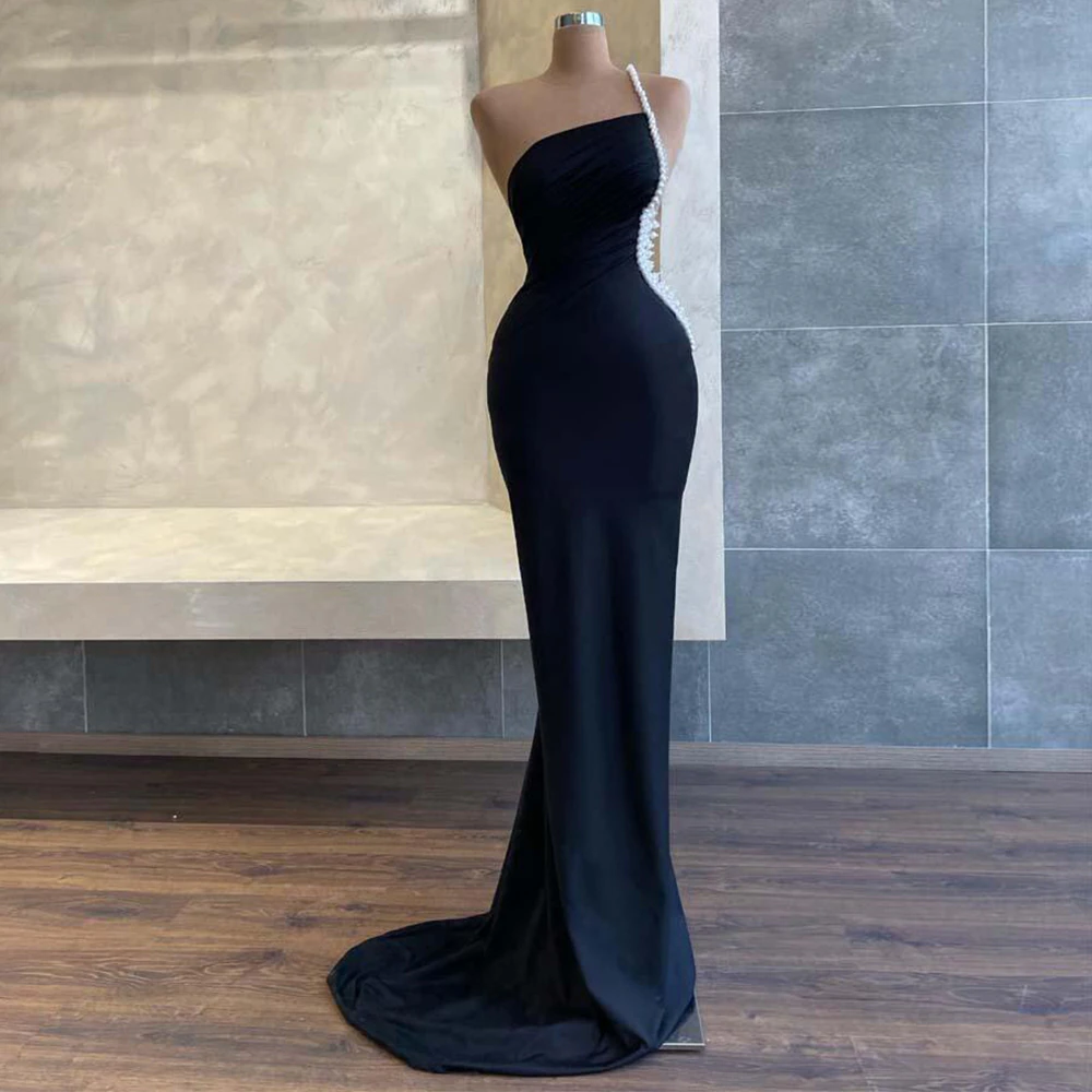 Mermaid Black Prom Dress One Shoulder Pearls Beaded Luxury Prom Gown for Women Sleeveless Formal Wedding Party Dresses Long