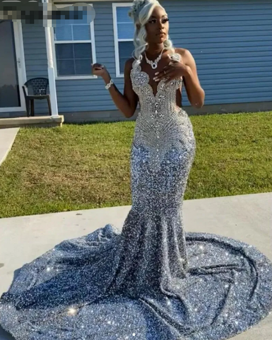 New Arrival Silver Mermaid Prom Dress For Black Girls Crystals Rhinestones Birthday Party Gown Court Train