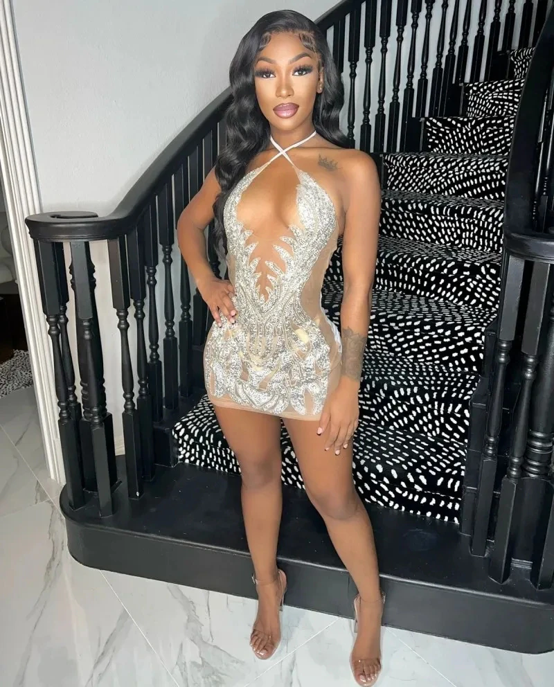 Sexy Silver Sequins Short Prom Dresses Backless For Black Girsl Birthday Party Gowns Vestidos De Gala Para Graduación