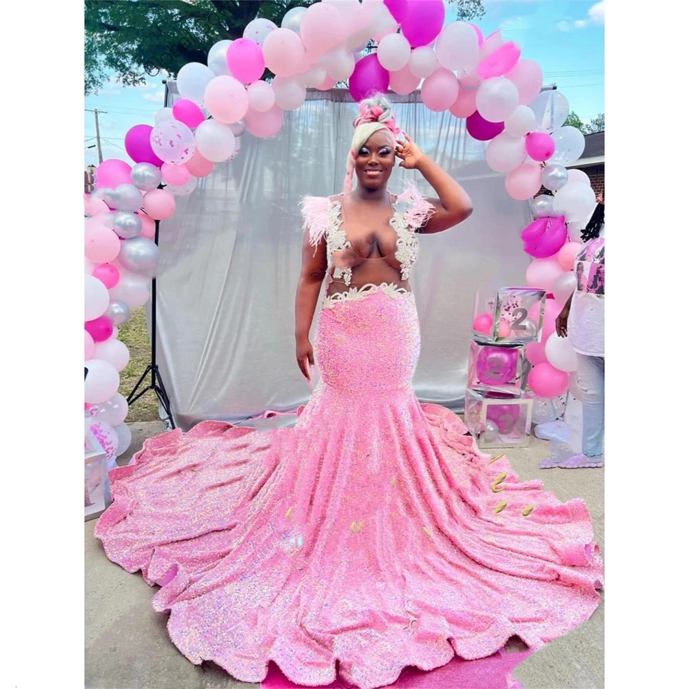 Pink Sweetheart Long Prom Dress For Black Girls Appliques Birthday Party Dresses Feathers Evening Gowns Sequined