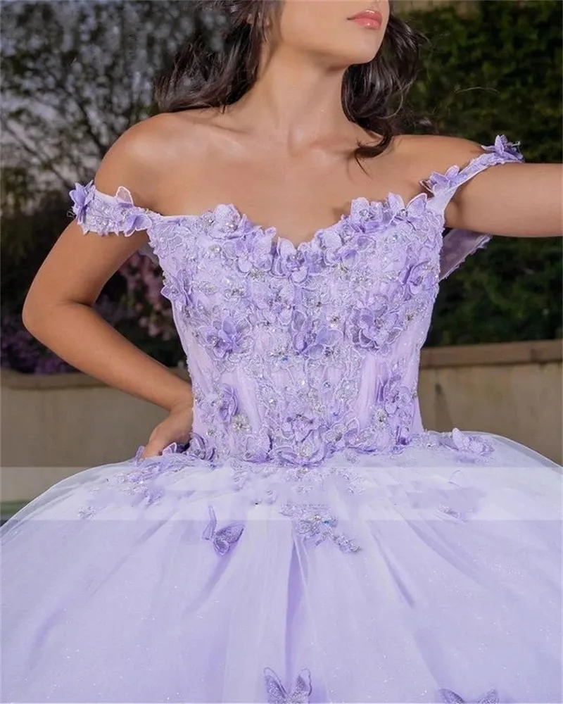 Lilac Princess Ball Gown Quinceanera Dresses Off Shoulder Butterfly Appliques Crystal Prom Evening