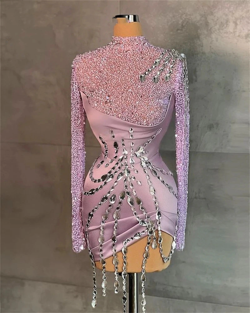 2024 Pink High Neck Short Prom Dress For Black Girls Beaded Crystal Birthday Party Dresses Full Sleeve Formal Gown Mermaid Robe De Ba