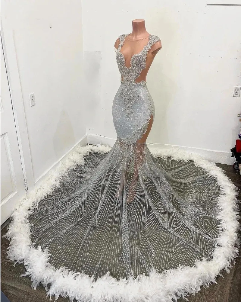 Black Girls Feathers Prom Dresses Beading African Women Mermaid Party Gowns Sequin Evening Dress