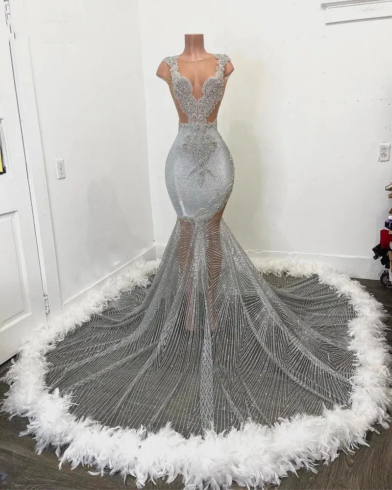 Black Girls Feathers Prom Dresses Beading African Women Mermaid Party Gowns Sequin Evening Dress