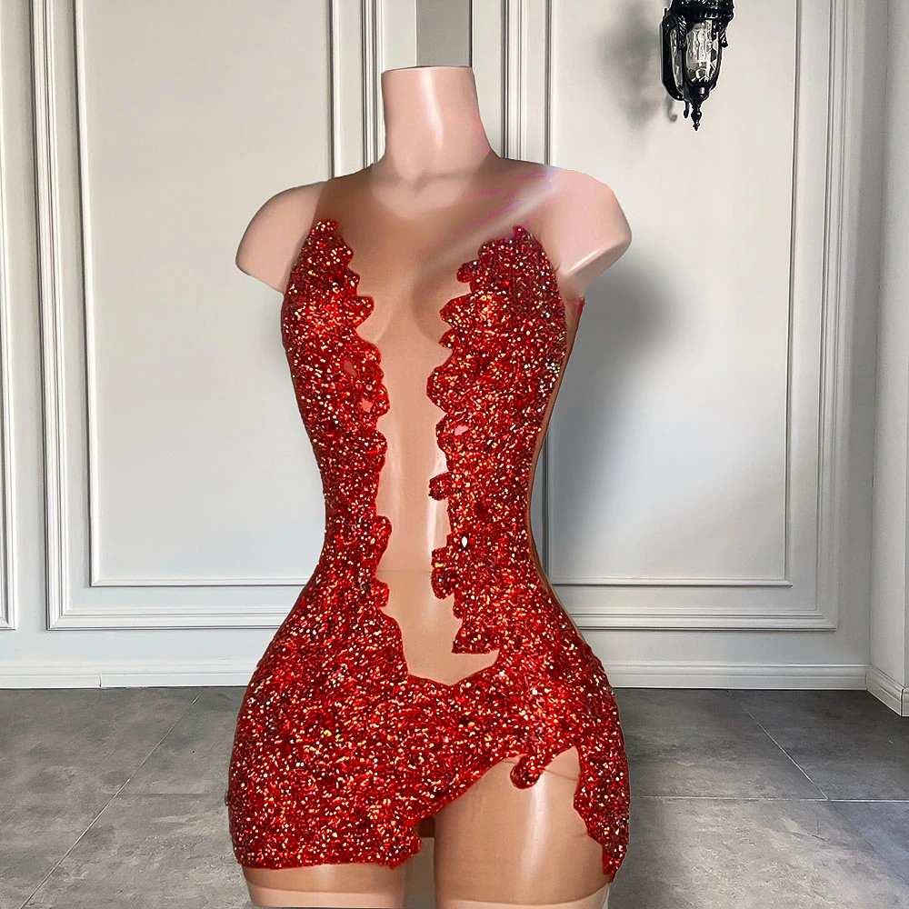 Sheer Sexy See Through Women Birthday Party Formal Gowns Mini Design Red Sparkly Diamond Black Girls Short Prom Dresses