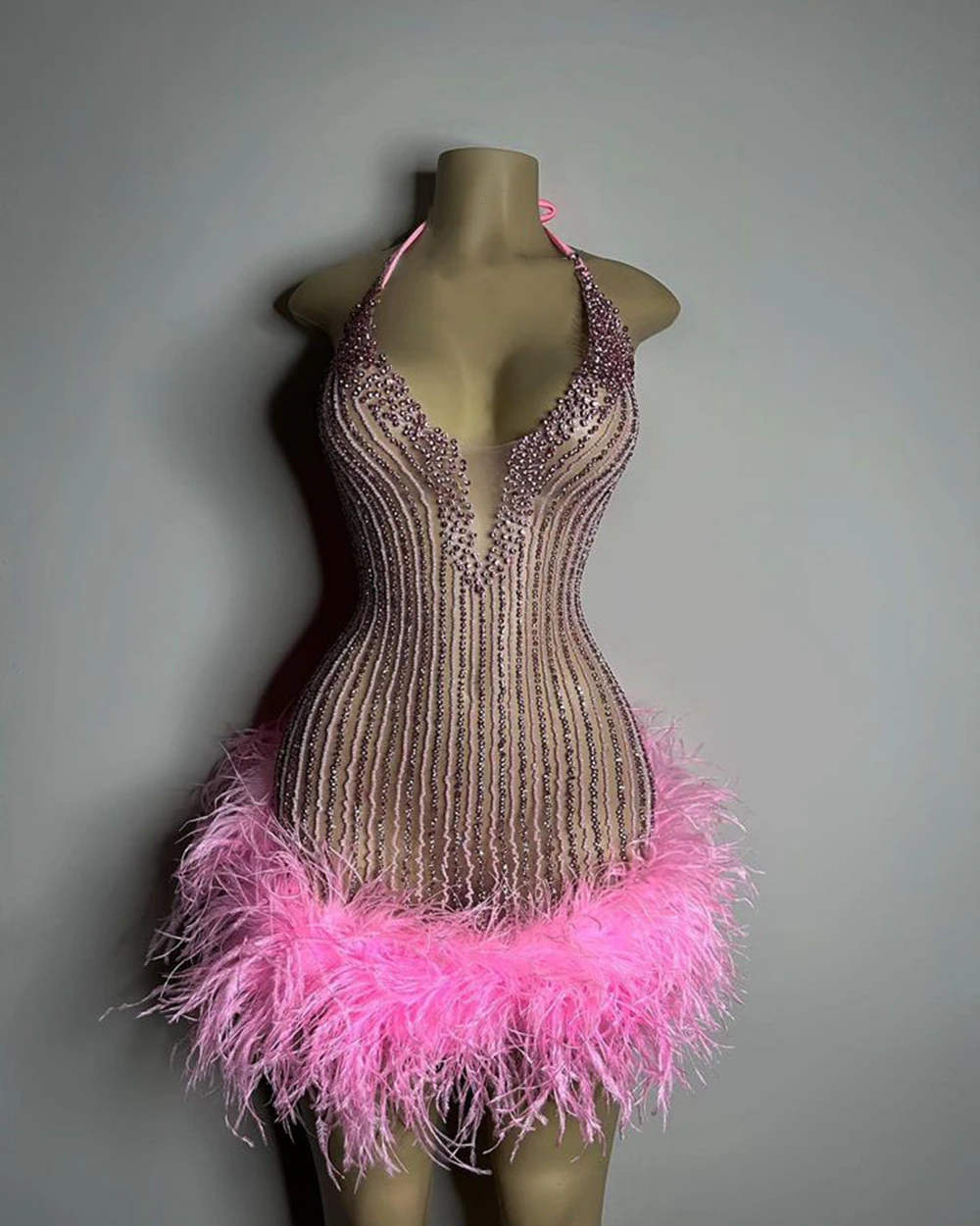 Sexy See Through Women Formal Birthday Party Gowns Halter Handmade Beaded Pink Feather Black Girls Short Prom Dresses