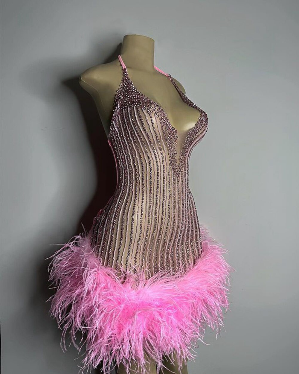 Sexy See Through Women Formal Birthday Party Gowns Halter Handmade Beaded Pink Feather Black Girls Short Prom Dresses