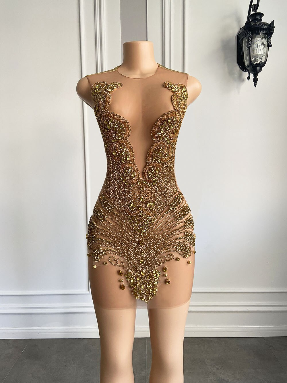 Sparkly Sexy See Through Women Formal Occasion Birthday Party Cocktail Gowns Gold Diadmond Black Girls Short Prom Dresses