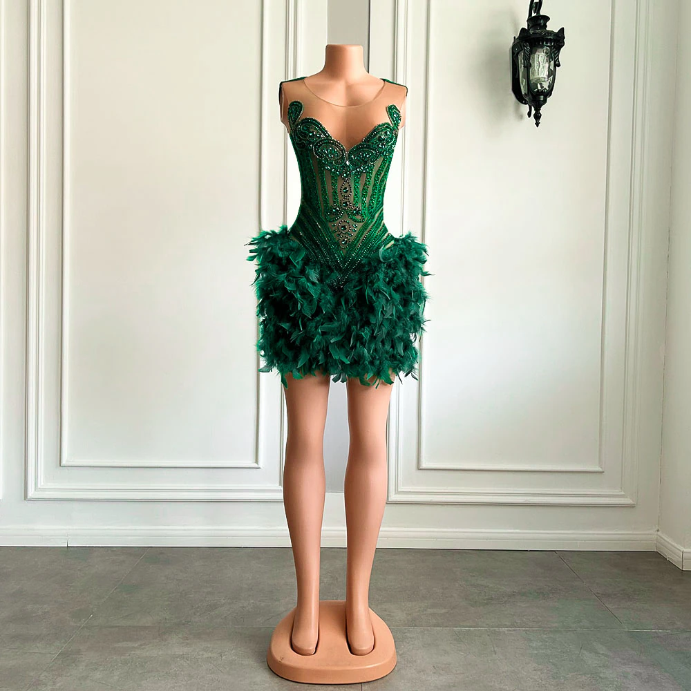 Real Luxury Black Girls Formal Occasion Birthday Party Dresses Emerald Green Feather Women Short Prom Dress