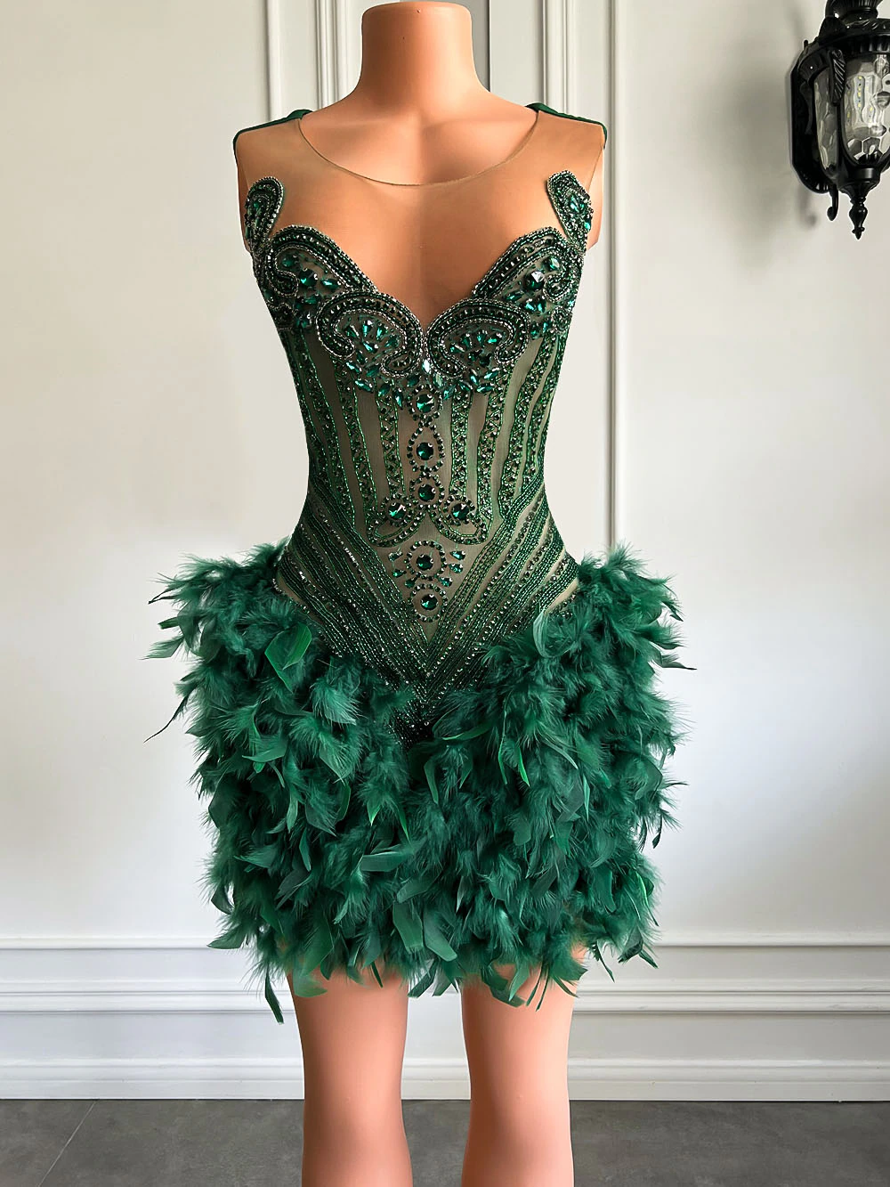 Real Luxury Black Girls Formal Occasion Birthday Party Dresses Emerald Green Feather Women Short Prom Dress